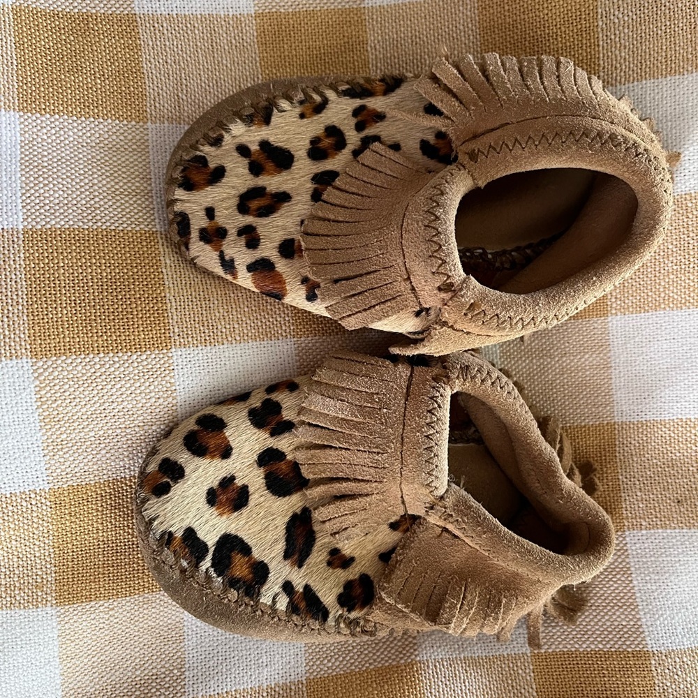 Minnetonka Tan Leopard Moccasins for Kids